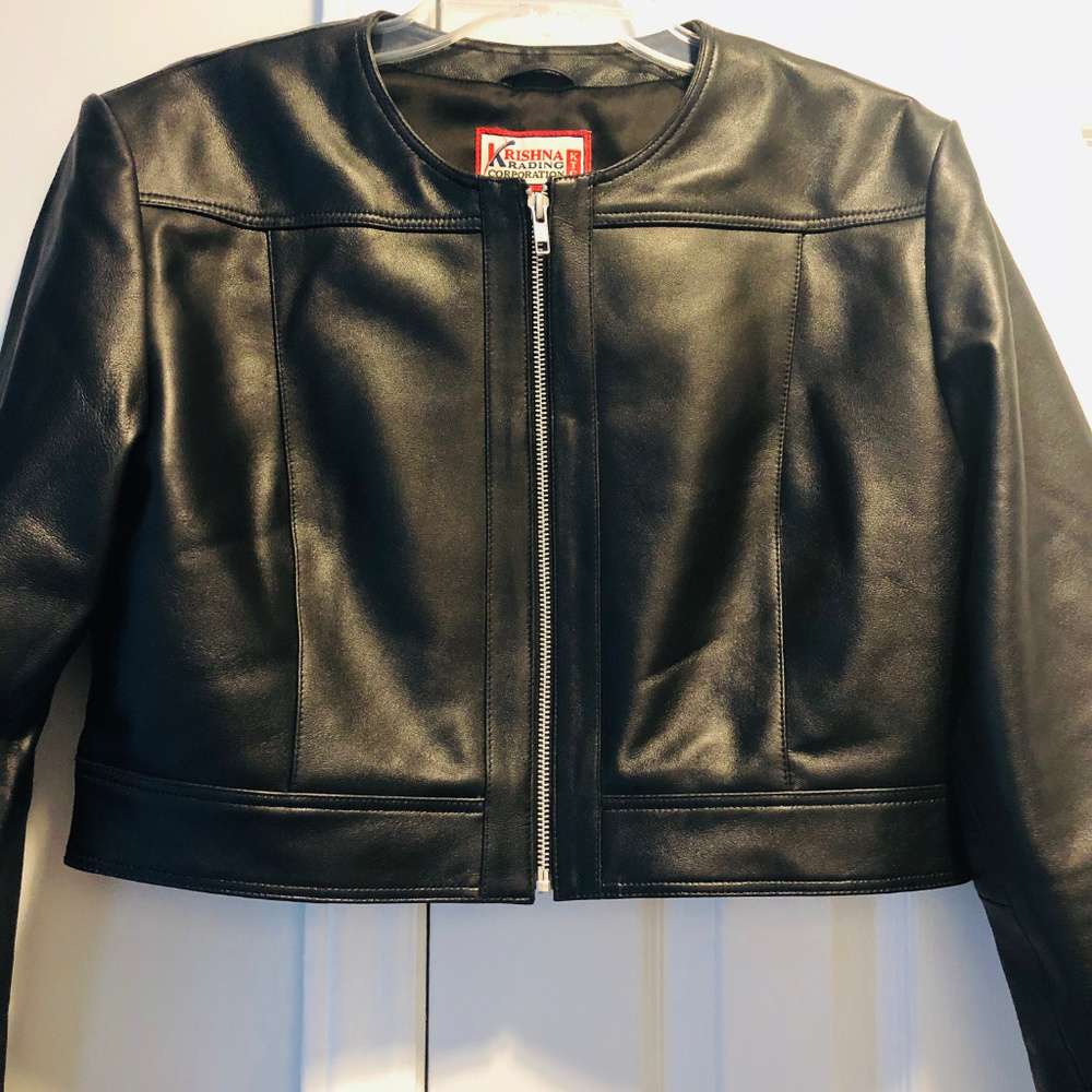 Womens Cropped Lambskin Leather No-collar Jkt Sz L